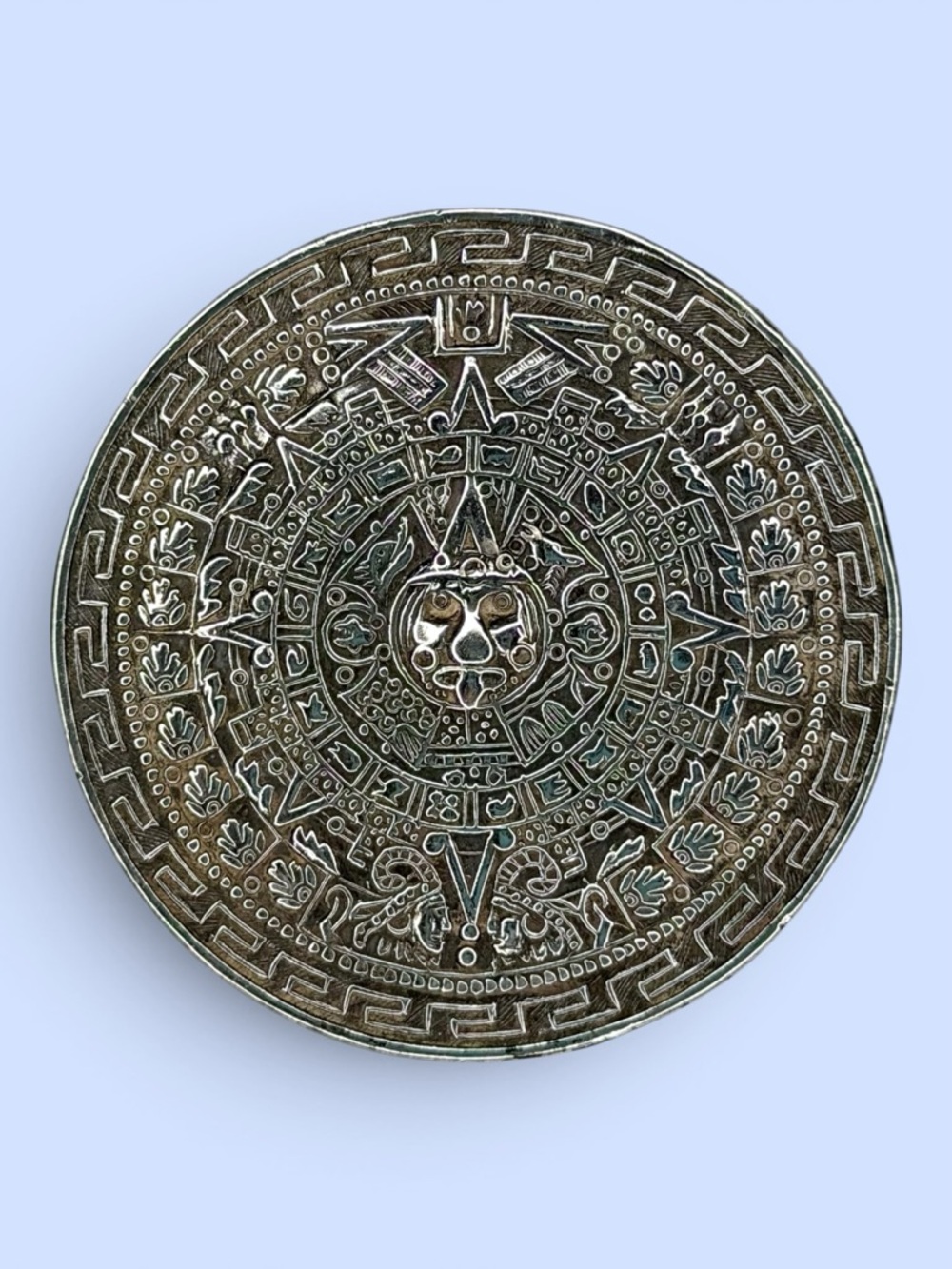 Silver Aztec Sun Calendar Brooch Pendant Round Highly Detailed Marked Silver - Picture 6 of 7